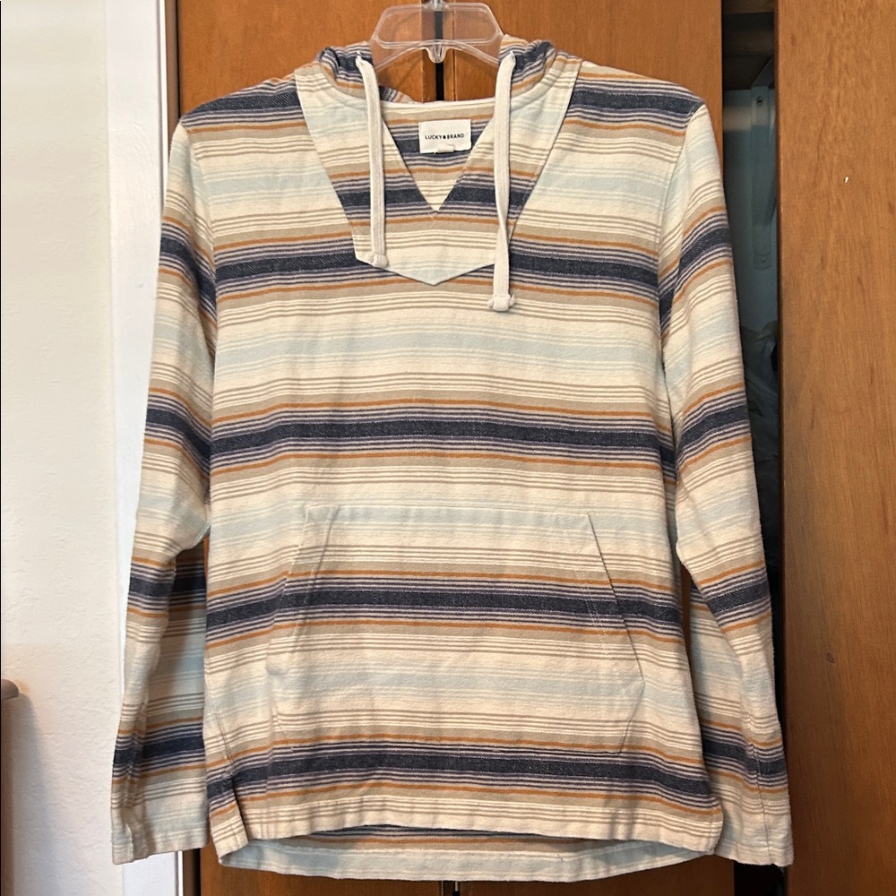 Lucky Brand Men's Striped Pullover Sweater Hoodie - Cream, Navy & Tan